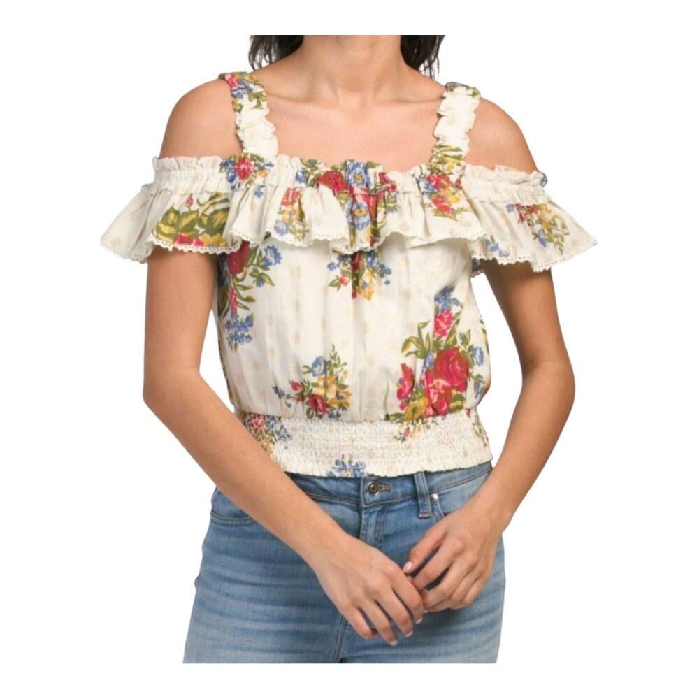 House of Harlow 1960 Women's Helena Blouse Top Floral Smocked Off Shoulder Sz Sm